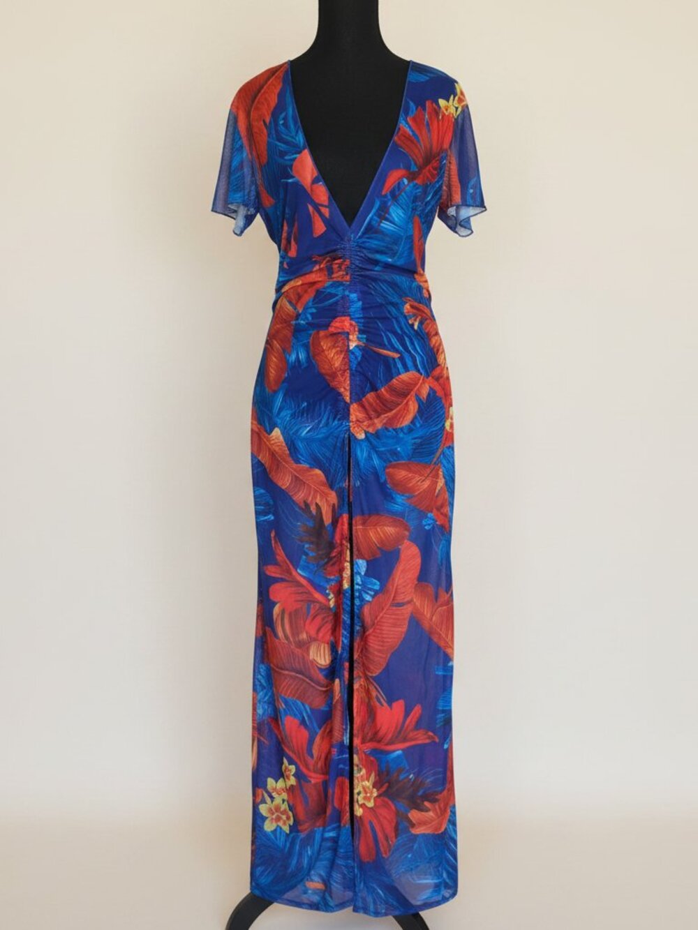 Tropical Print Ruched Maxi Cover-Up Dress | Cobalt Blue | Size XL